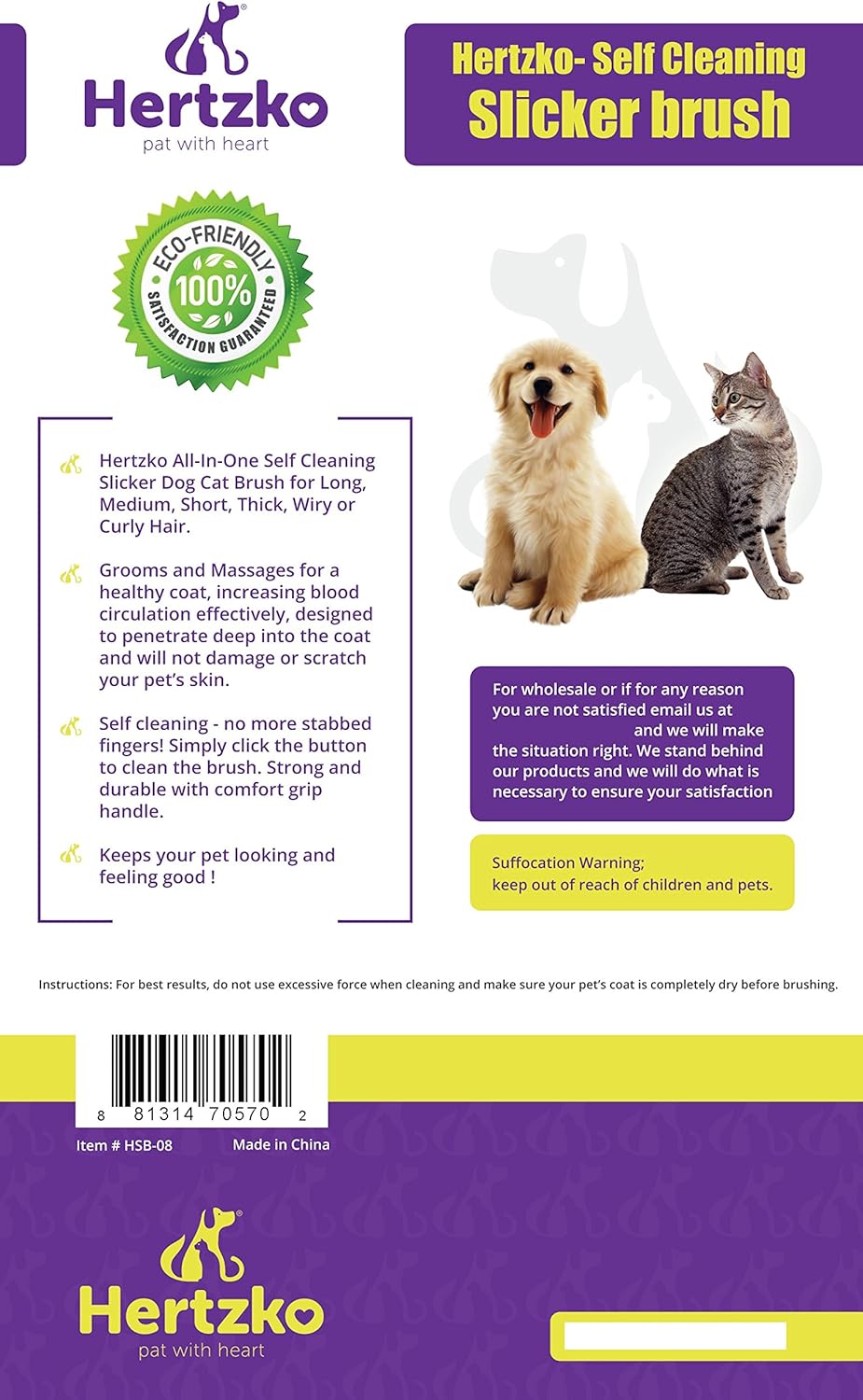 Hertzko Self Cleaning Slicker Brush – Gently Removes Loose Undercoat, Mats and Tangled Hair – Your Dog or Cat Will Love Being Brushed with The Grooming Brush