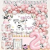 Fiesec Moo Moo Im Two Birthday Decorations Girl, 2nd Birthday Decorations for Girl, Cow Theme Backdrop Balloon Banner Cake Toppers Boxes Cutout Crown Poster for Girls Two Years Old Party Supplies