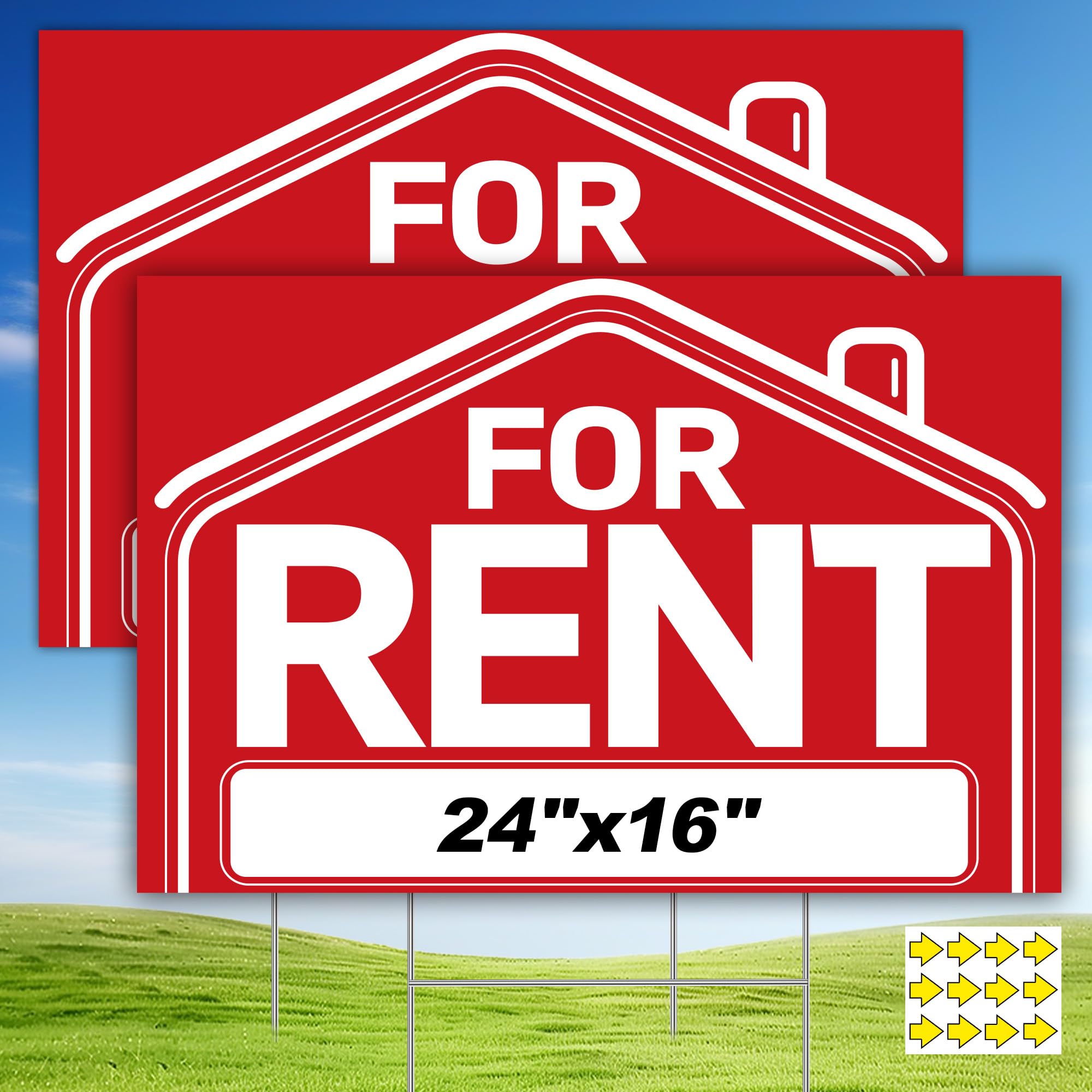 Photo 1 of ComboJoy For Rent Sign with H-Stake - 2-Pack Extra Large For Rent Signs, 24x16" Double Sided Rent Signs with 12 Arrow Stickers & Adhesive Pads, Weatherproof Corrugated Plastic Yard Kit and Supplies