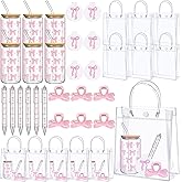 Daifunli 6 Set Baby Shower Game Prizes for Player Winners Pink Bow 17 oz Tumblers with Lids Straws Pink Bow Mirrors Pens Hair Clips Gift Bags for Bridal Shower Wedding Party Supplies