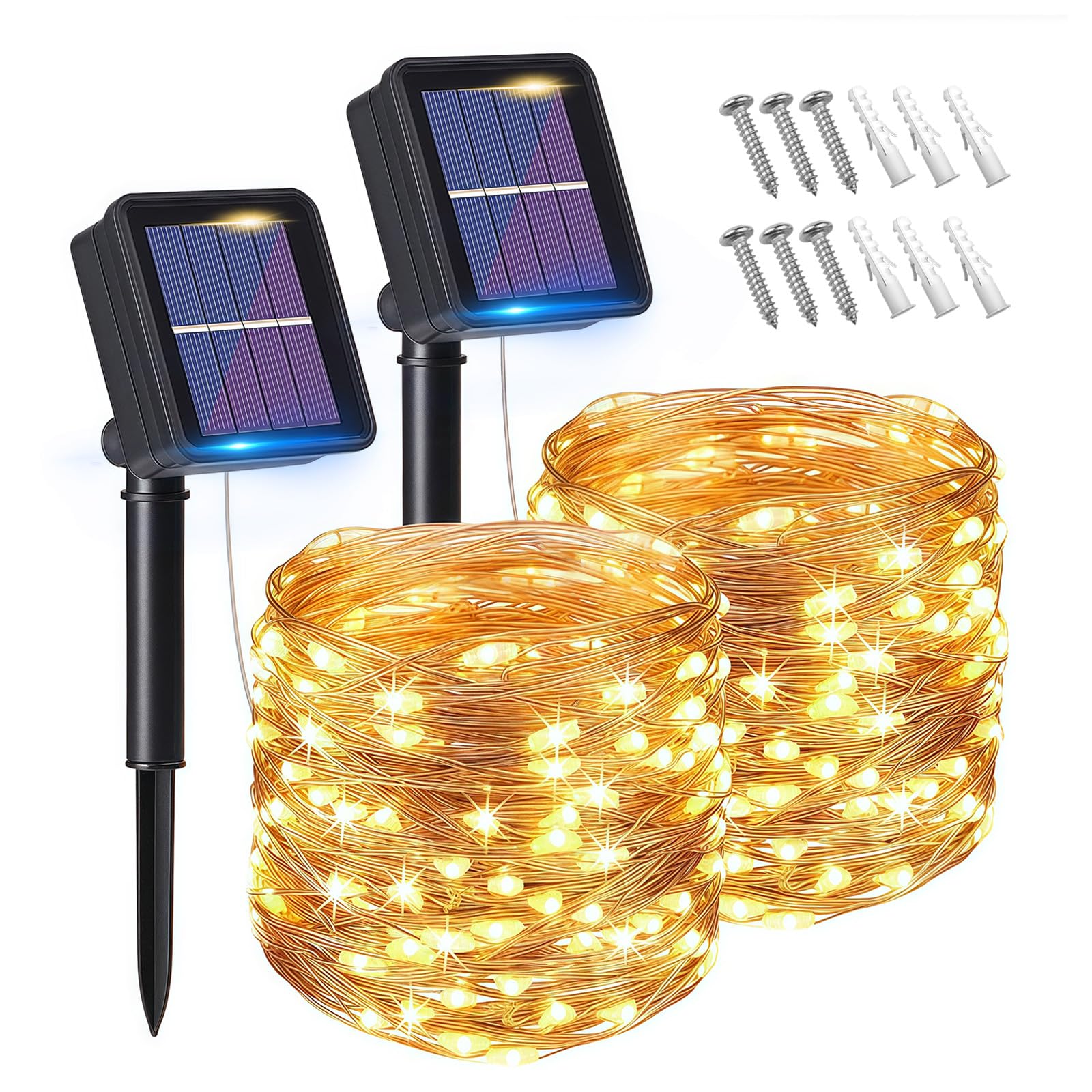 flintronic Solar String Lights Outdoor, 2PCS Garden Lights (100 LED 8 Modes) 10M/33ft Auto on/Off Copper Wire Lighting, Waterproof Decorated Light for Christmas, Party, Home (Warm White)…
