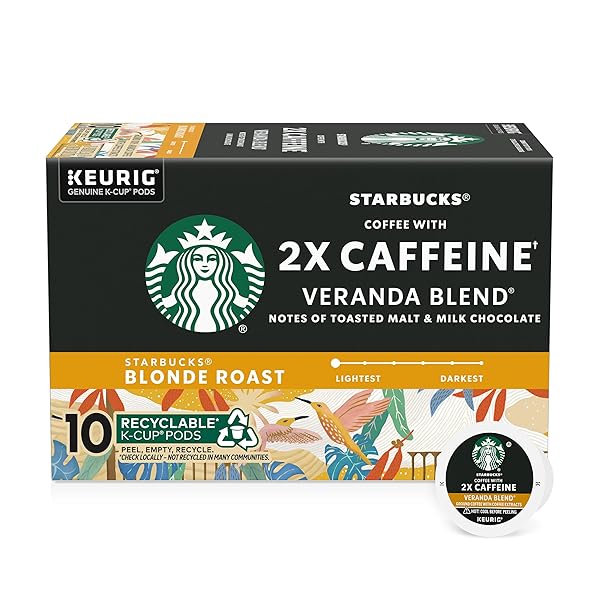 STARBUCKS K-CUP COFFEE PODS, STARBUCKS BLONDE ROAST COFFEE WITH 2X CAFFEINE VERANDA BLEND FOR KEURIG COFFEE MAKERS, 100% ARABICA, 1 BOX (10 PODS)