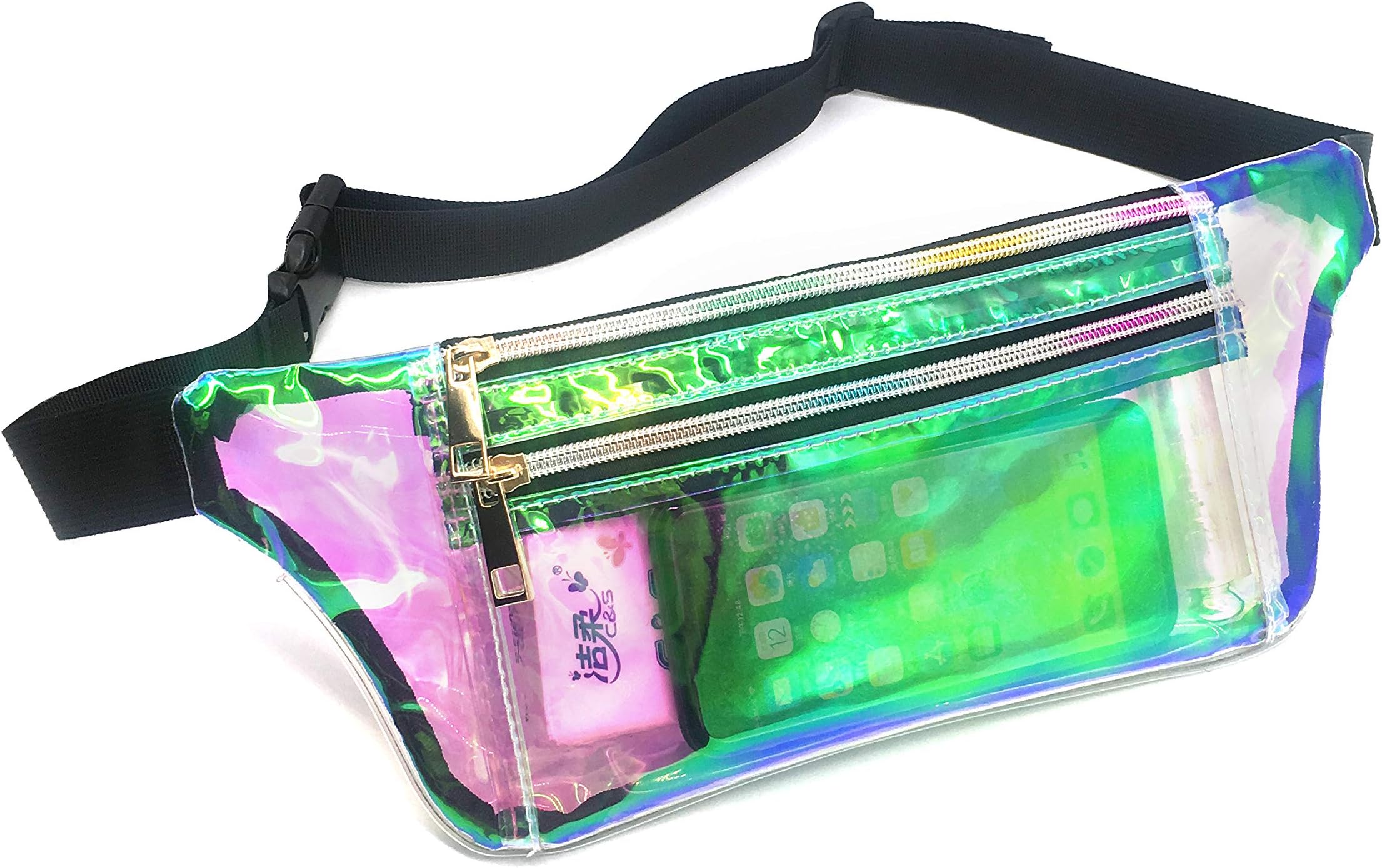 Holographic Flat Fanny Pack Waist Bags for Women Men Stylish Shiny Rave Festival Hip Fanny Pack Sport Bag Travel Wallet