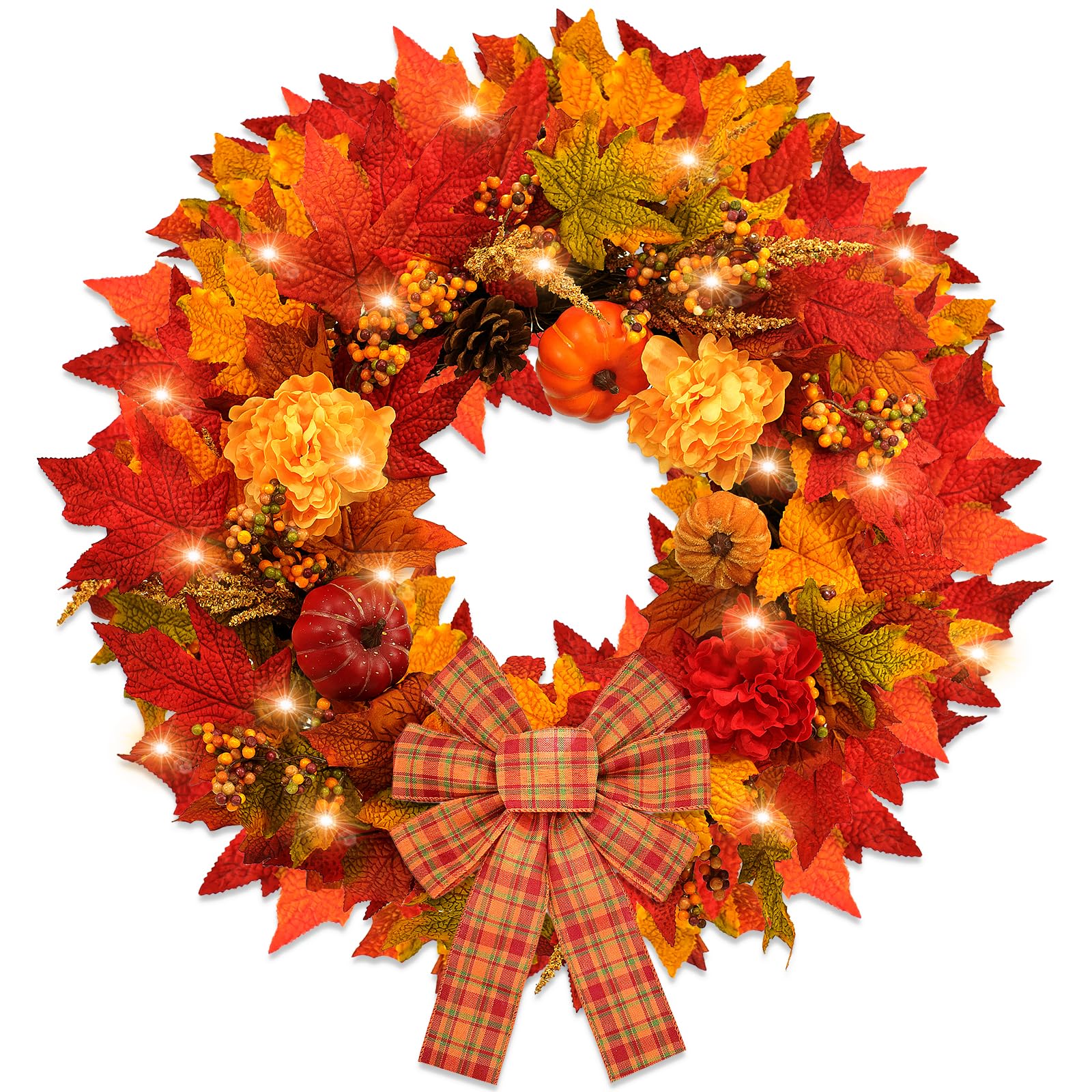 Photo 1 of 24" Fall Wreaths for Front Door with Lights, Autumn Wreath with Pumpkins, Pinecones, Maple Leaves & Plaid Bow, Lighted Fall Wreaths for Outdoor Indoor,Thanksgiving Harvest Fall Decorations for Home