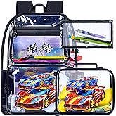 3PCS Kids Clear Backpack Heavy Duty, Cute Transparent Bookbag with Lunch Box for Boys, Black See Through School Bag - Race Car