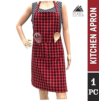 Pixel Home Cotton Apron100% Cotton Check Kitchen Apronwith Front Center Pocket Best