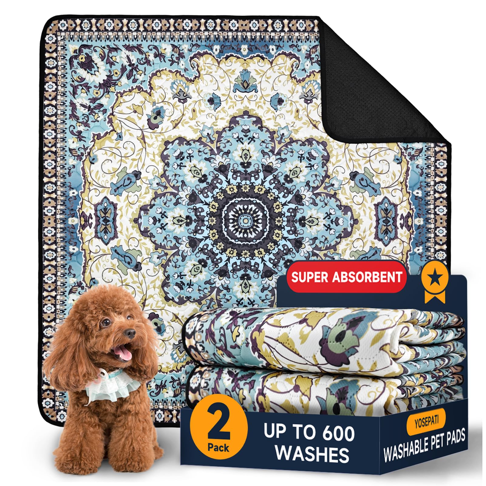 YOSEPATI Washable Pee Pads for Dogs 2 Pack,92x92cm Waterproof Non-Slip Reusable Puppy Pad with Fast Absorbent,Leakproof Whelping Pads for Pet Housebreaking (Royal Blue Medallion, 92x92cm(Pack of 2))