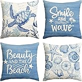 AVOIN colorlife Summer Ocean Sea Turtle Smile and Wave Throw Pillow Covers, 18 x 18 Inch Beauty and The Beach Coral Starfish Holiday Seasonal Cushion Case Decorations Set of 4