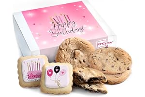 OMCOOKIE Happy Birthday Gift Basket Cookies Chocolate Chip Cookie Fudge Filled For Her Women Girls Kids | INDIVIDUALLY WRAPPED Pink Treat Food Package