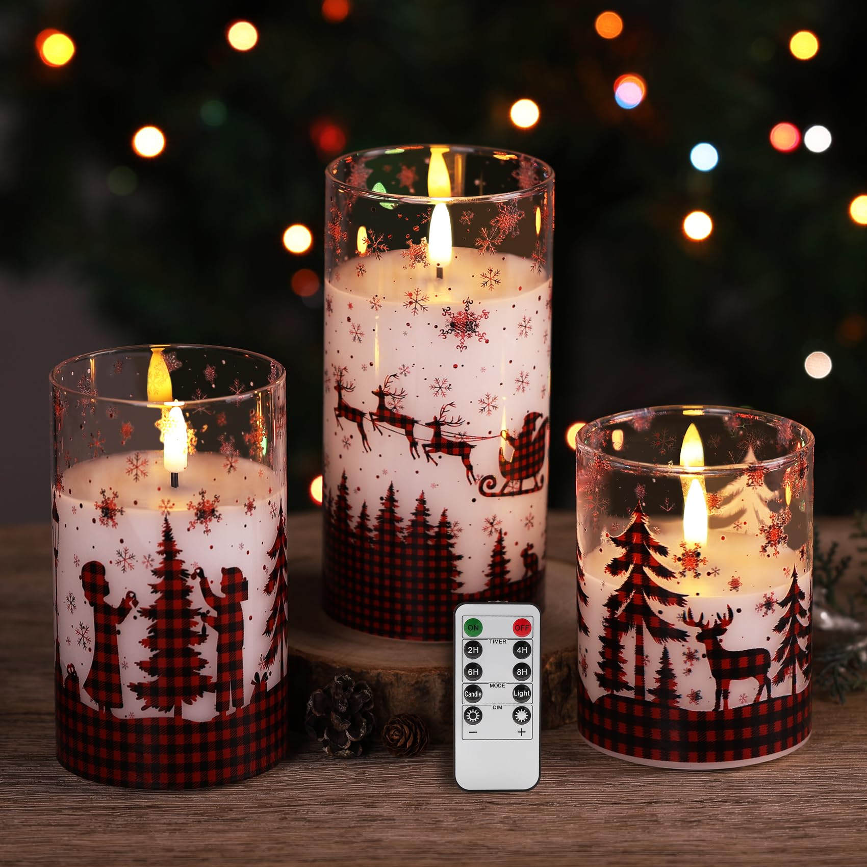 Photo 1 of Eywamage Red Buffalo Plaid Glass Flameless Candles with Remote, Flickering Real Wax Christmas LED Pillar Candles Set of 3