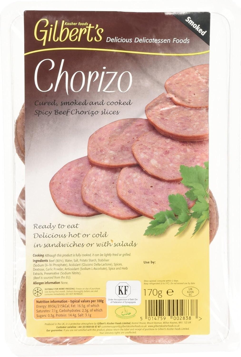 Gilbert's Kosher Beef Chorizo, 170g Amazon.co.uk Grocery