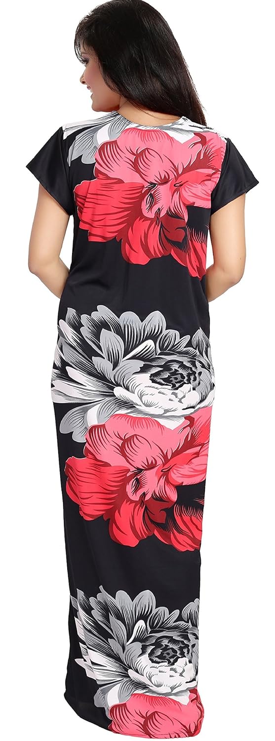noty women's satin nighty floral print (red-black),free size