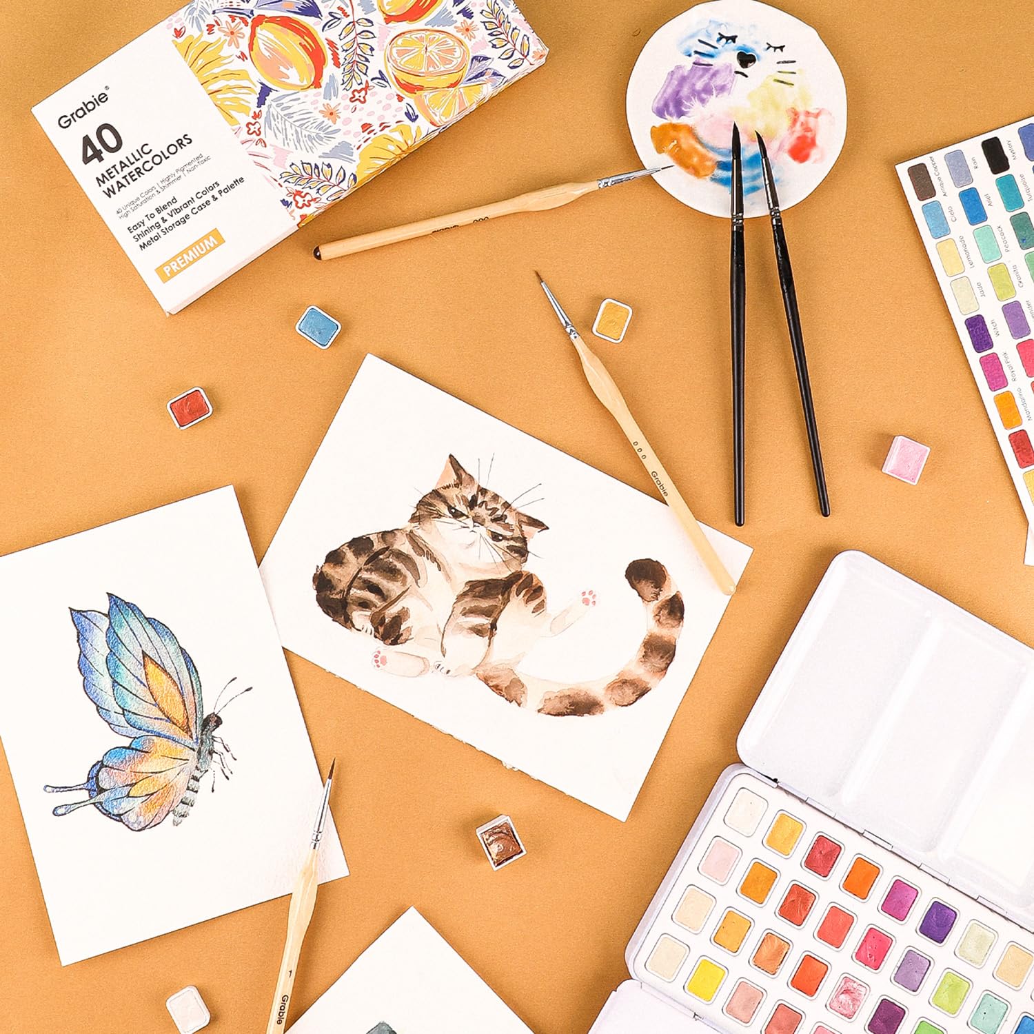 Grabie Metallic Watercolor Paint Set - 40 Rich Shimmering Powder, Versatile tin package, Art Supplies, Great Pairing of Painting Embellishments