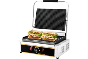 Yingyunvo Commercial Panini Press Grill 2200W Countertop Electric Sandwich Maker with Adjustable Temp Control, Grooved Plates Grill, for Burgers Steaks Panini