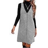 SweatyRocks Women's Houndstooth Pinafore Overall Dress Casual Sleeveless V Neck Fall Short Dress