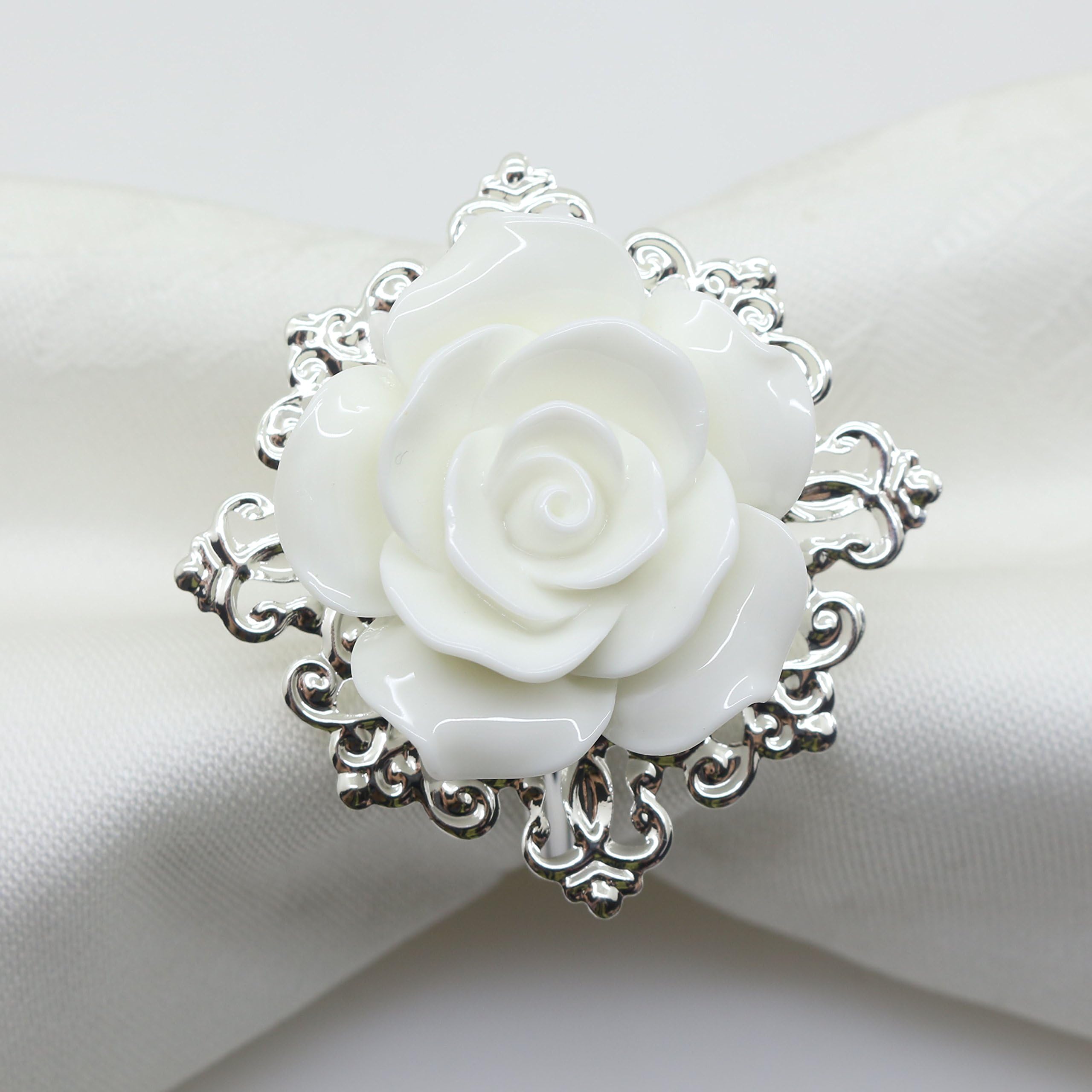 10pcs White Rose Decorative Silver Napkin Ring Serviette Holder for Wedding Party Dinner Table Decor Many Color Available For Christmas Table