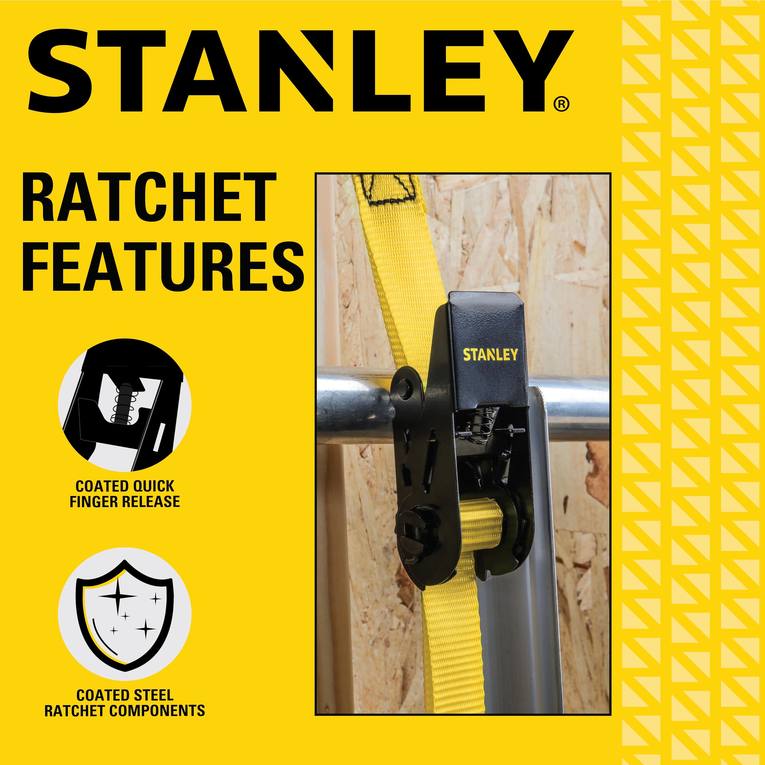 STANLEY S9500 Ratschengurt, 2,5 cm x 3 m, leichte Ladung (136 kg Arbeitslast, 408 kg Bruchfestigkeit), 4 Stück, Schwarz/Gelb 4