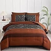 Luxudecor Burnt Orange Comforter Set King Size, 7 Pieces Stripe Geometric Bed in a Bag, Marble Comforter and Sheet Set, Soft Microfiber Complete Bedding Sets for All Seasons