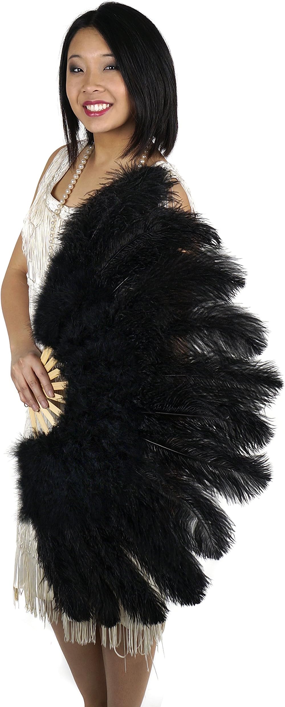 ZUCKER - Large Ostrich Feather Hand Fan - Flapper Folding Fan Dance, Wedding Accessory, 1920s Vintage Style Costume Party, New Year’s Eve, Halloween Costume, Cosplay - Black