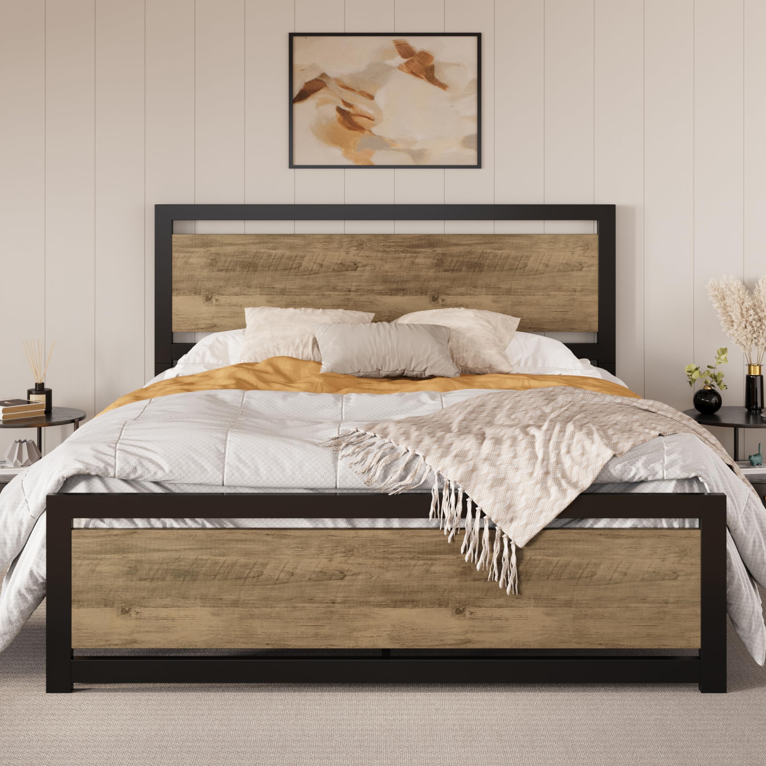 SHA CERLIN Full Size Bed Frame with Modern Headboard, Heavy Duty Platform Metal Base with Square Footboard and 13 Strong Slats Support, No Box Spring Needed, Brown Image