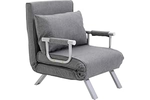HOMCOM Single Person Folding 5 Position Convertible Sofa Bed Sleeper Chair Chaise Lounge Couch w/Pillow & Steel Frame for Home Office, Light Grey
