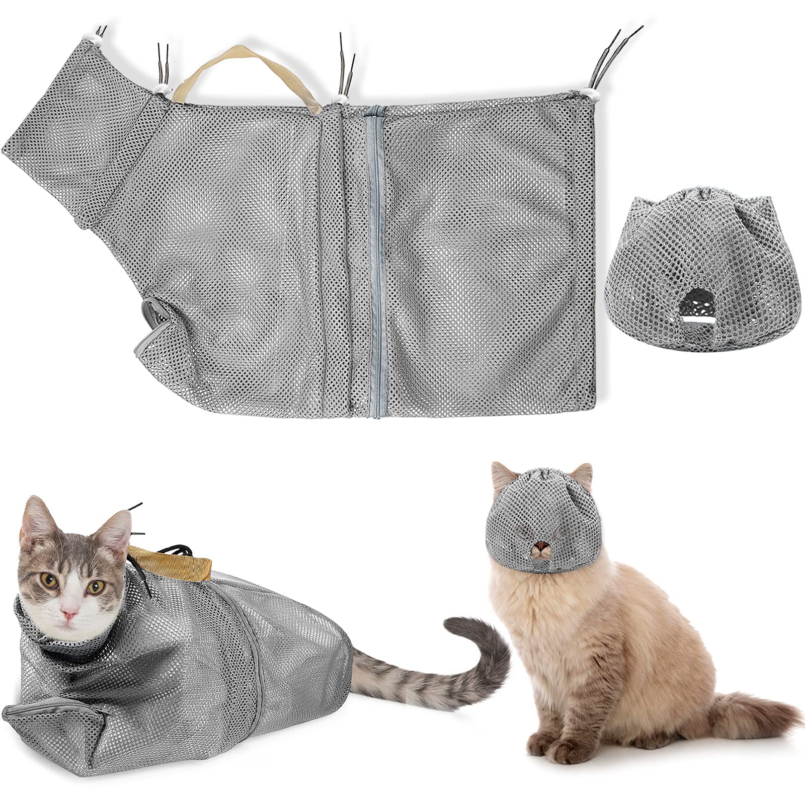 2 Pieces Cat Grooming Washer Mesh Bag Cat Muzzles Breathable Mesh Muzzles Adjustable Kitten Scratch Resistant Kitty Restraint Clothes Kitty Bath Bag for Bathing Nail Trimming Feeding(Gray)