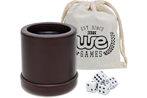 WE Games Professional, Handmade Dark Brown Leather Dice Cup Set - 5 Dice & Cloth Carry Bag