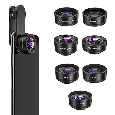 Phone Camera Lens,7 in 1 Cell Phone Lens Kit -120&deg;Wide Angle Lens,Macro Lens,198&deg;Fisheye Lens,Starburst Lens,2X telephoto,CPL,6 Kaleidoscope,Clip-On Compatible iPhone Samsung and Most Smartphone
