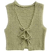 Milumia Women's Tie Front Crochet Top Vest V Neck Hollow Out Knitted Going Out Crop Tank Tops