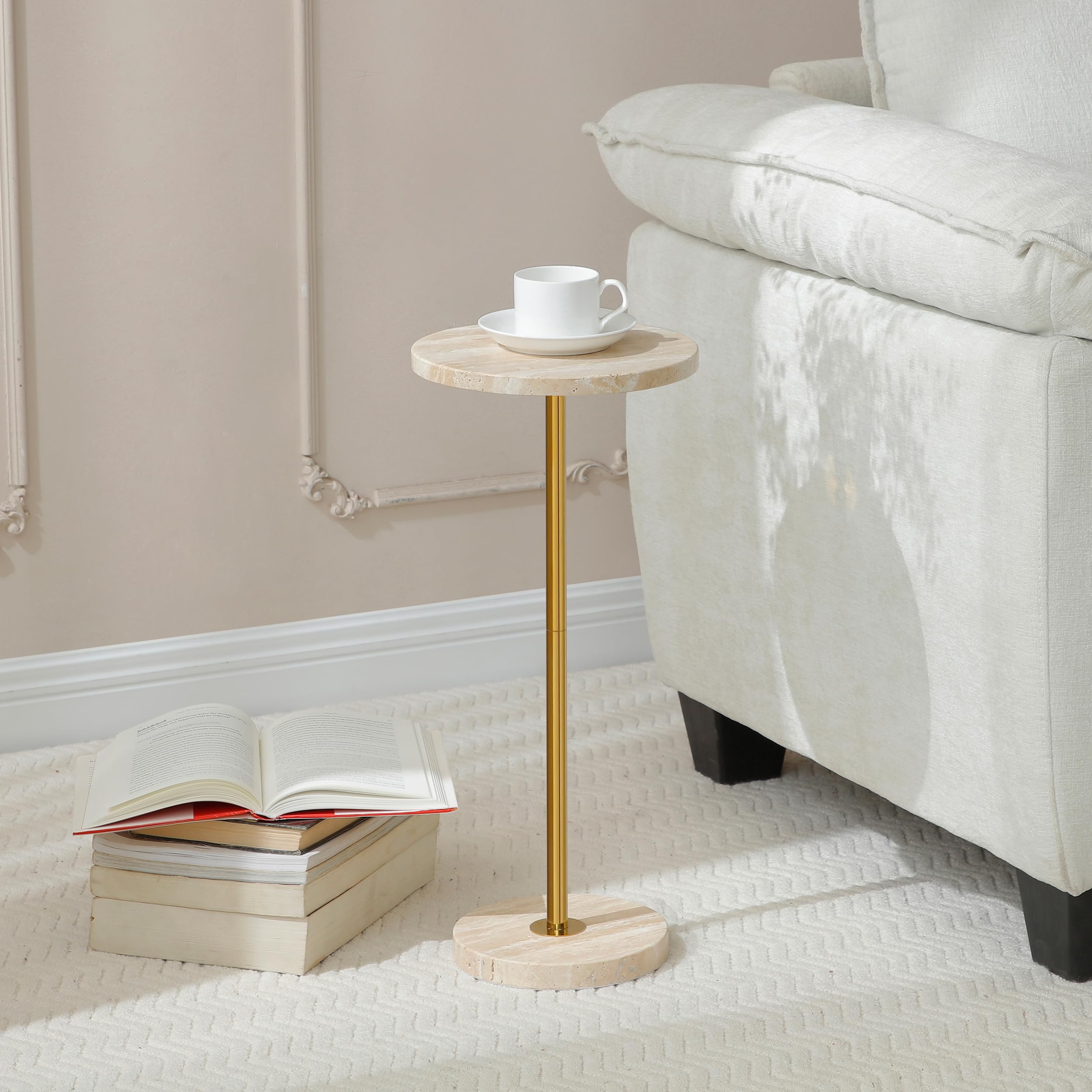 Photo 1 of Hmjeae ?9.8-inch Marble Round Drink Table, Stone Finish Pedestal End Table for Living Room, Weighted Base Small Accent Side Table for Small Space Office - Beige