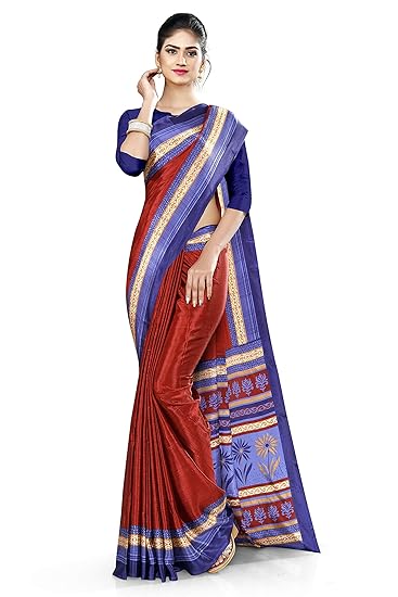 Uniform Sarees Corp Womens Italian Silk Crepe Student Uniform Saree With Blouse (Red;Ink Blue)