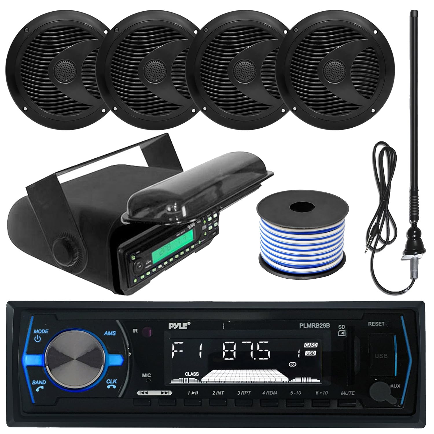 Pyle PLMRB29B MP3 USB SD Bluetooth in-Dash Radio Receiver Bundle Combo with Black Marine Stereo Housing + 4X 6 1/2 Dual Cone Waterproof Audio Speakers = Enrock Flex AM/FM Antenna + 50Ft Speaker Wire