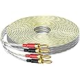 Mygatti 16/2 Speaker Flat Wire Cable with Banana Tip Plugs 100 FT, CL3 Rated, 16 Gauge AWG Wire, Tinned OFC Copper, Transparent Jacket with Yellow Polarity Marker, for Indoor & Outdoor, Hi-Fi