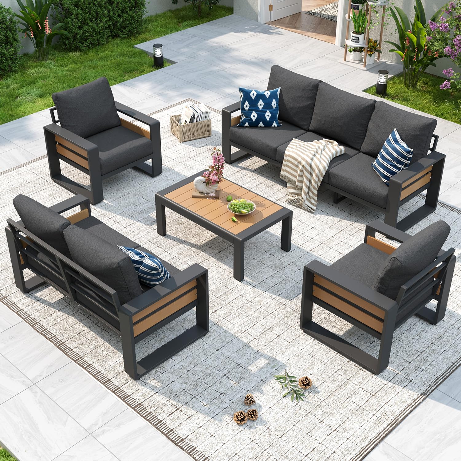 Aoxun Aluminum Patio Furniture Set, 5 Piece Luxury Outdoor Sectional with 6" Olefin Fabric Cushions, Patio Conversation Sets with Coffee Table & Oversized Seats for Backyard, Porch Dark Grey
