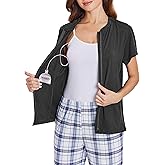 Deyeek Mastectomy Shirts with Drain Pockets Post Shoulder Surgery Tops for Women Chemo Port Short Sleeve with Zippers