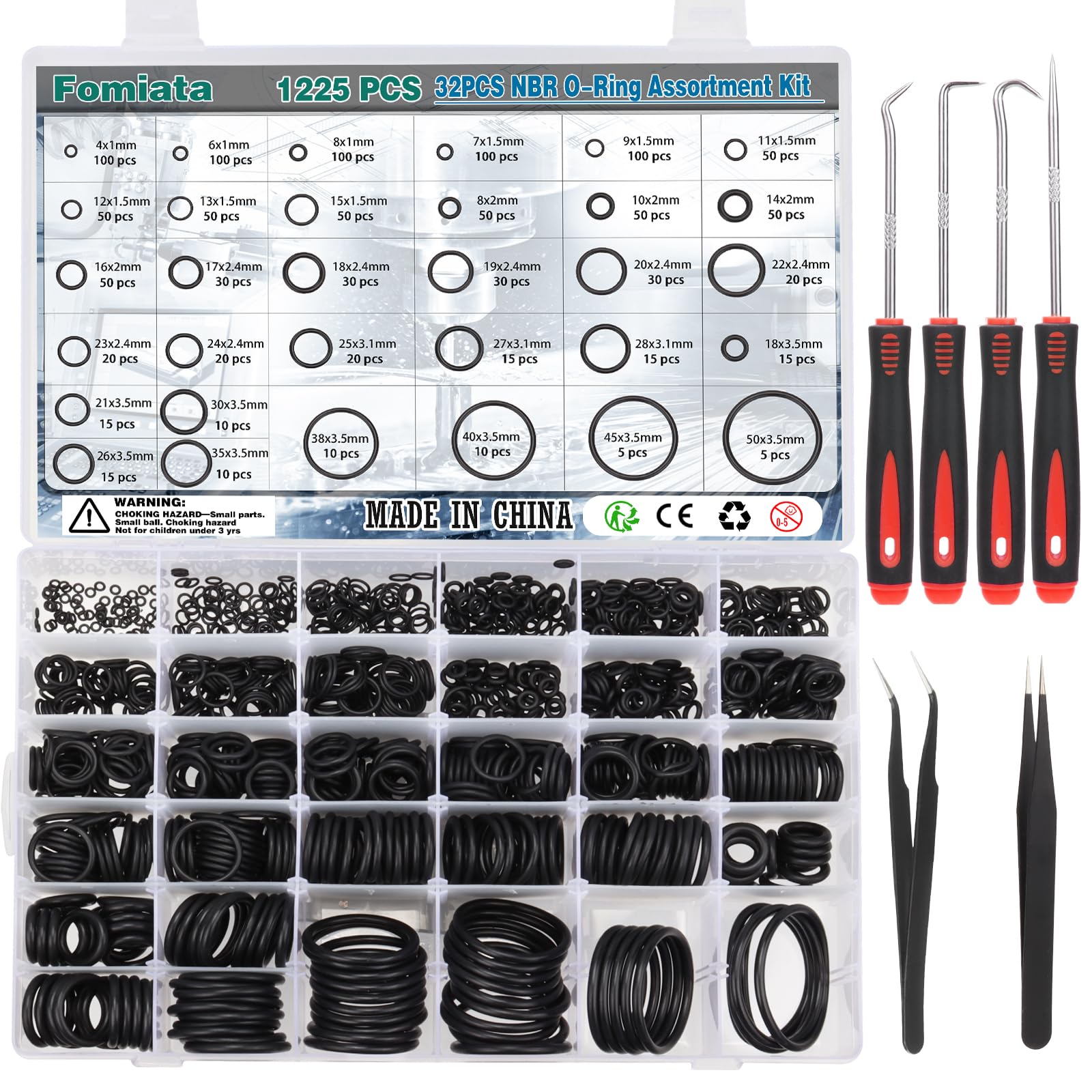 Fomiata 32 Size 1225 Pcs O Rings Assortment Kit, Metric Oring Kit - Universal Size from Ø4mm to Ø50mm Made of Nitrile Rubber Ideal for Shower Plumbers Hydraulic etc. (1225)