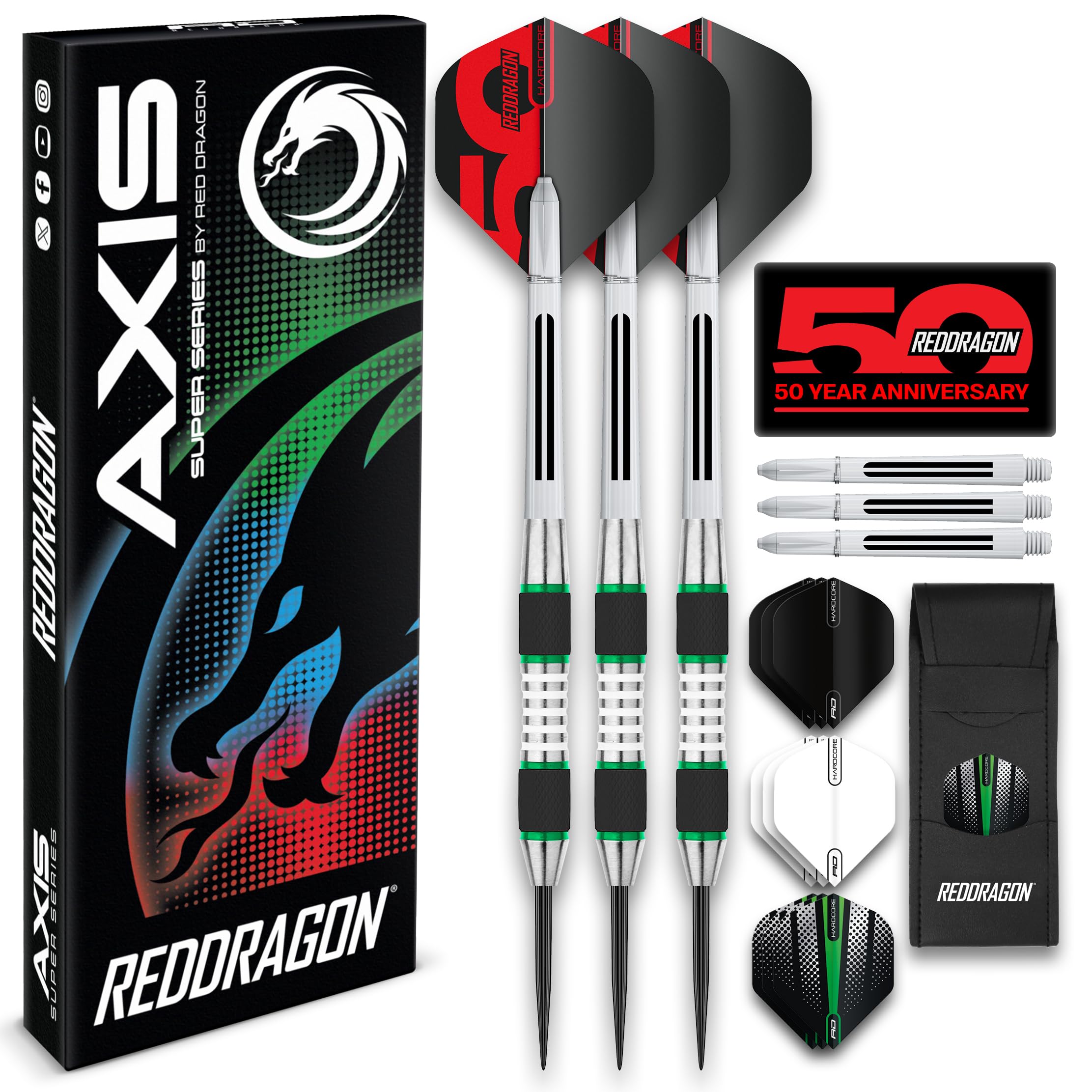RED DRAGON Darts – Axis Green Series 24g– Steel Tip 85% Tungsten Professional Darts Set with Dart Flights, Stems & Wallet