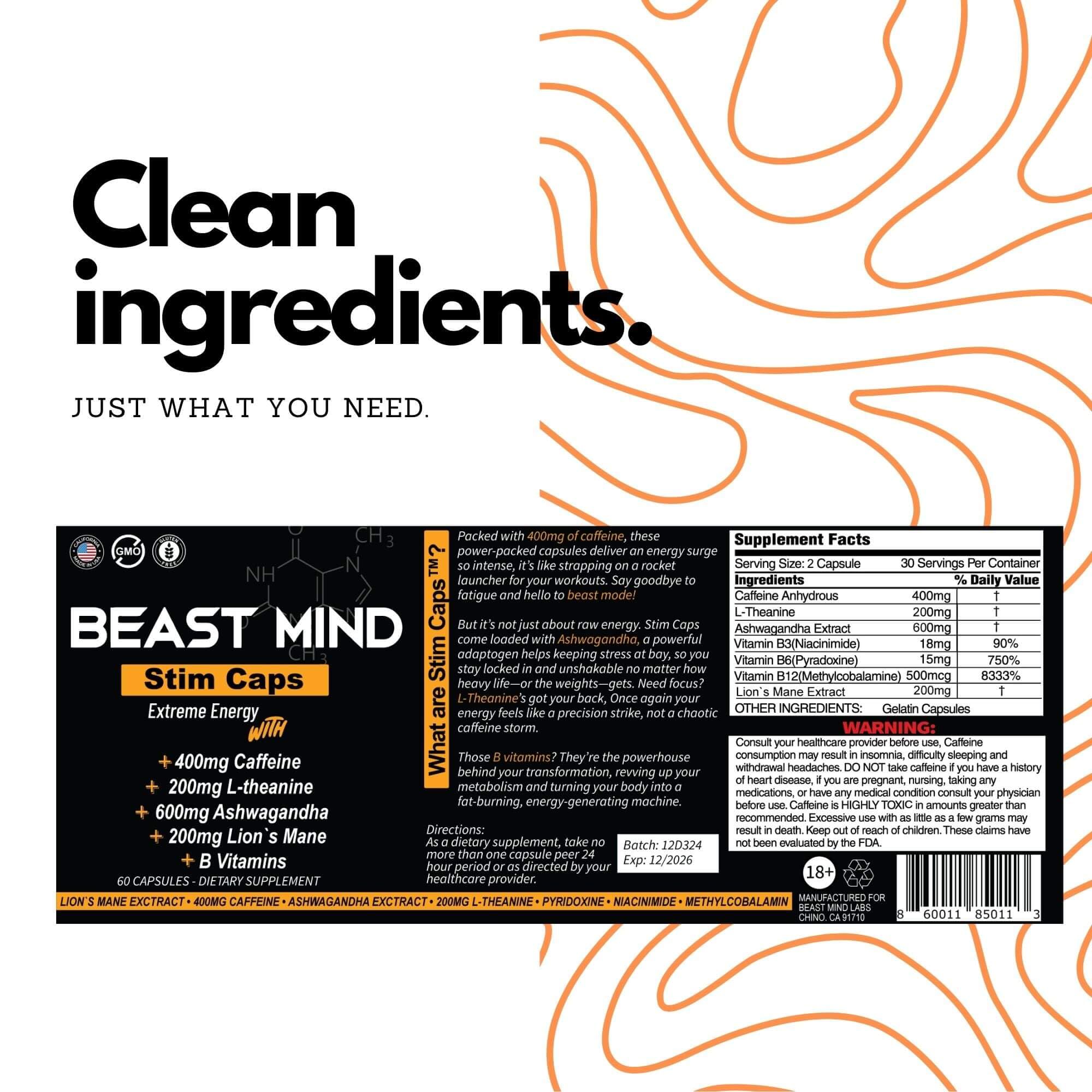 Extreme Energy Pills | 400mg Caffeine | 600mg Ashwagandha | 200mg Lions Mane | Increased Energy & Focus & Mood by Beast Mind