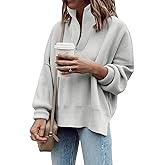 Imily Bela Womens Tunic Sweater Fall Long Sleeve 1/4 Zip Pullover Sweaters Oversized Slouchy Ribbed Knit Sweatshirt with Slit