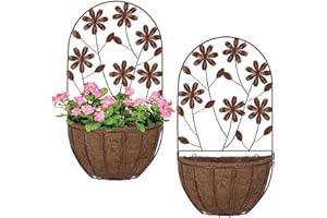 BAYN 2PKs Wall Hanging Planter Decor Art with Flower, Metal Wall Mounted Planters Indoor Outdoor Wall Planter for Succulent Herb Home Garden Yard