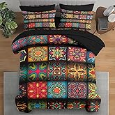 Pamnest Comforter Set Queen Size, Colorful Vintage Floral 7 Pcs Bedding for Kids and Adults, Mandala Bohemian Bed Sheet Sets with Fitted Sheet 2 Pillowcases & 2 Shams for Bedroom Bed Decor