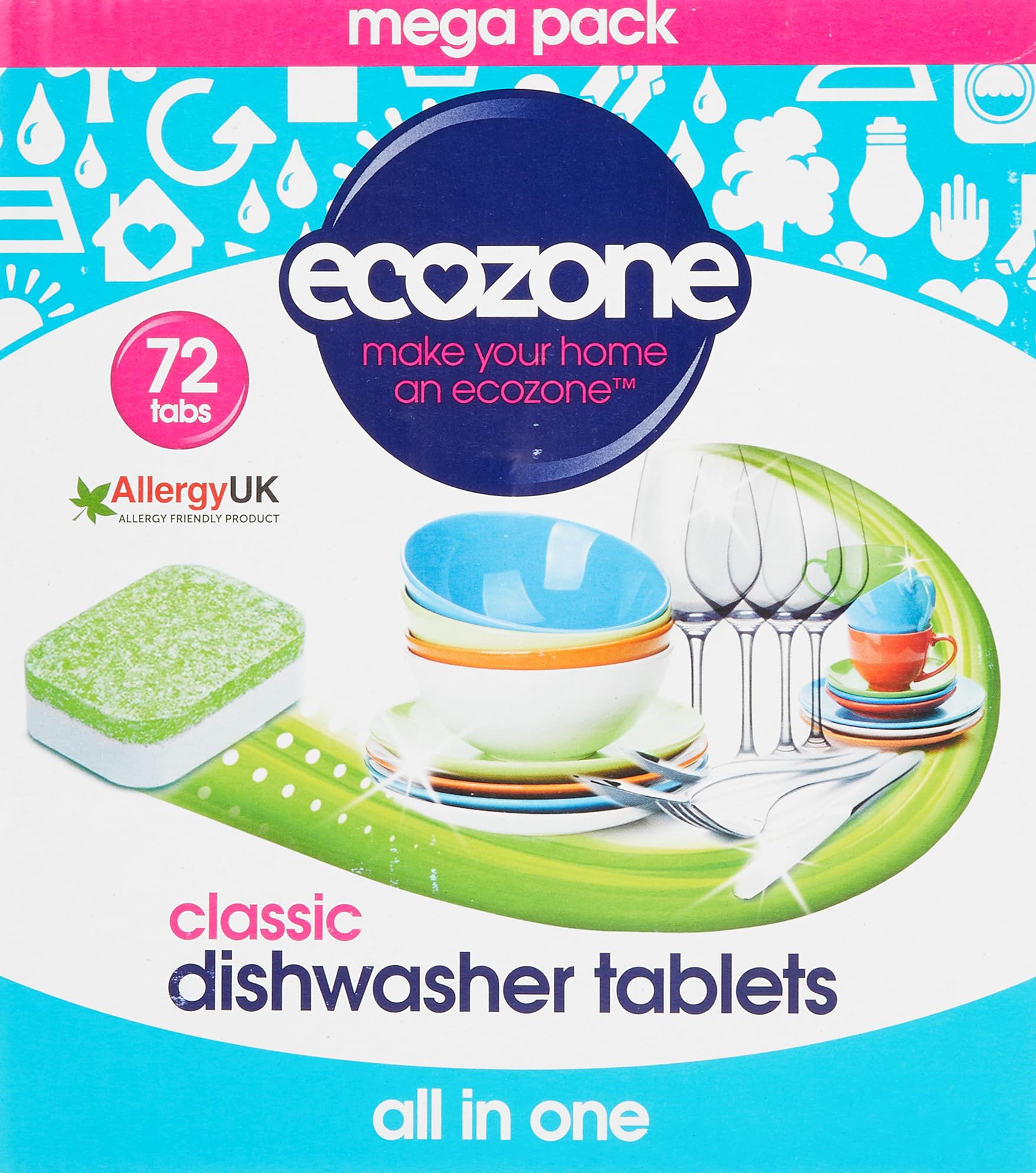 EcoZone Classic All-In-One Dishwasher Tablets, Effective Cleaning Formula Cuts Through Grease & Grime, Natural Vegan & Non Toxic Tabs, Plant Based Plastic-Free, Leaves No Residue (Box of 72 Capsules)