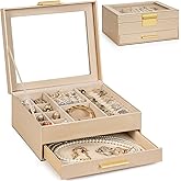 AKOZLIN 2-Tier Jewelry Box with Clear Glass Lid Functional Leather Jewelry Storage Organizer Case 1 Drawers for Women Girls Necklace Ring Bracelet Earring Champagne