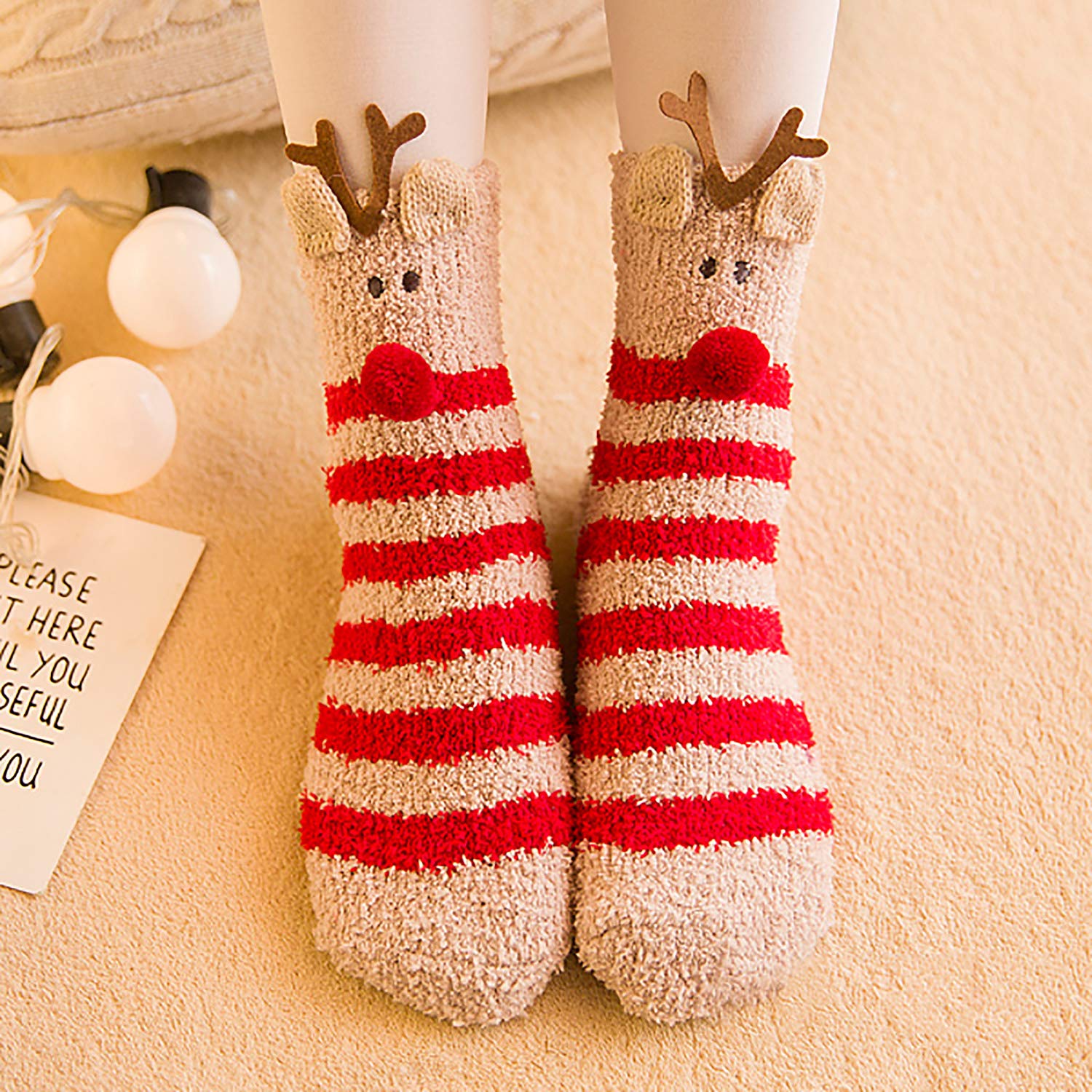 Zoylink Calcetines Esponjosos, Calcetines Elásticos Suaves de Patrón Lindo de Navidad Calcetines de Felpa Cálidos Calcetines Nvierno Navidad Algodón Calcetines（Mujer/Niña）