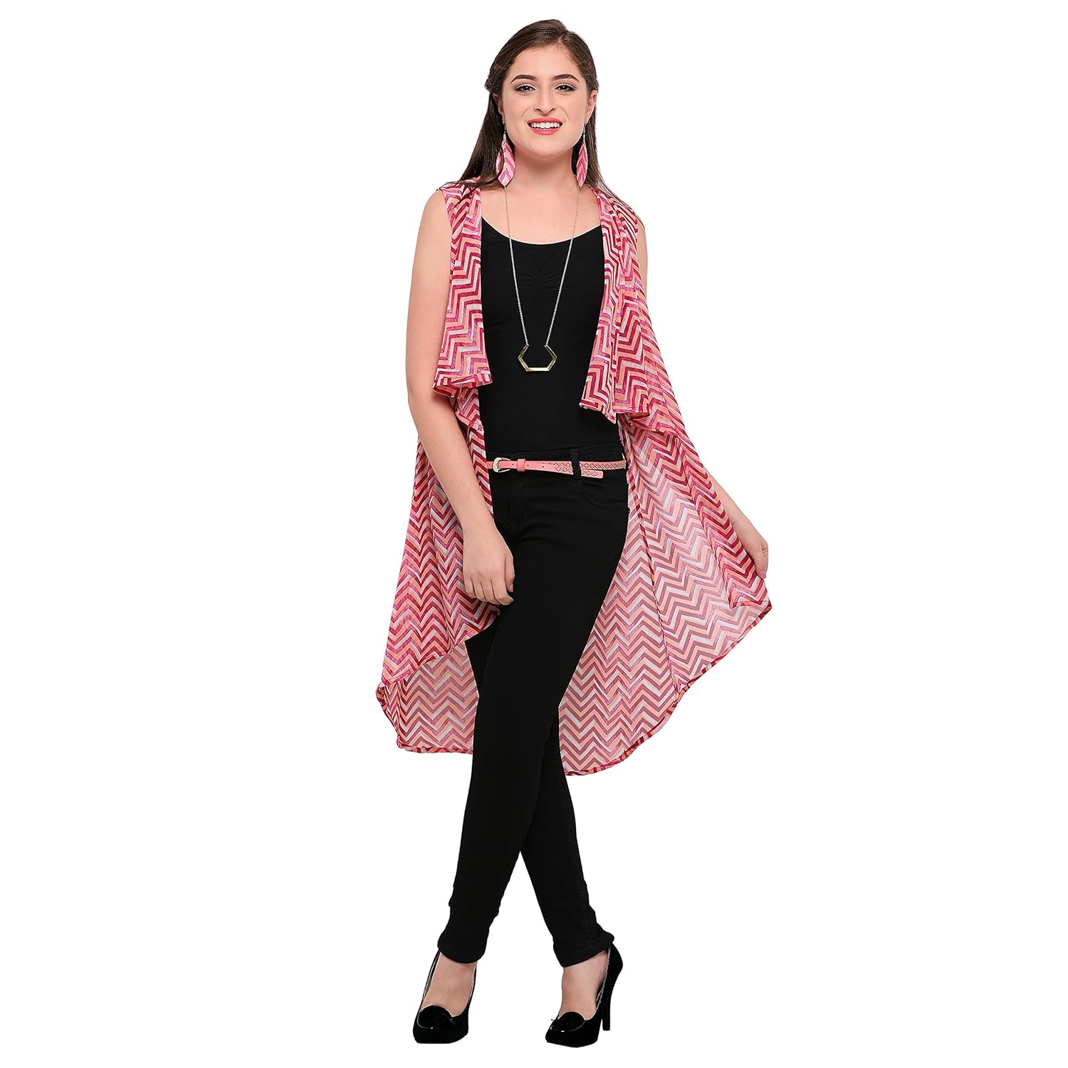 serein women's pink multicolour georgette sleeveless shrug/long jacket/summer jacket