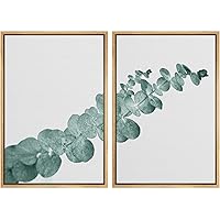 SIGNWIN Framed Wall Art Print Set Eaucalyptus Leaves Green Tones Off-White Background Nature Trees Digital Art Modern Art Contemporary Relax/Calm for Living Room, Bedroom, Office - 16