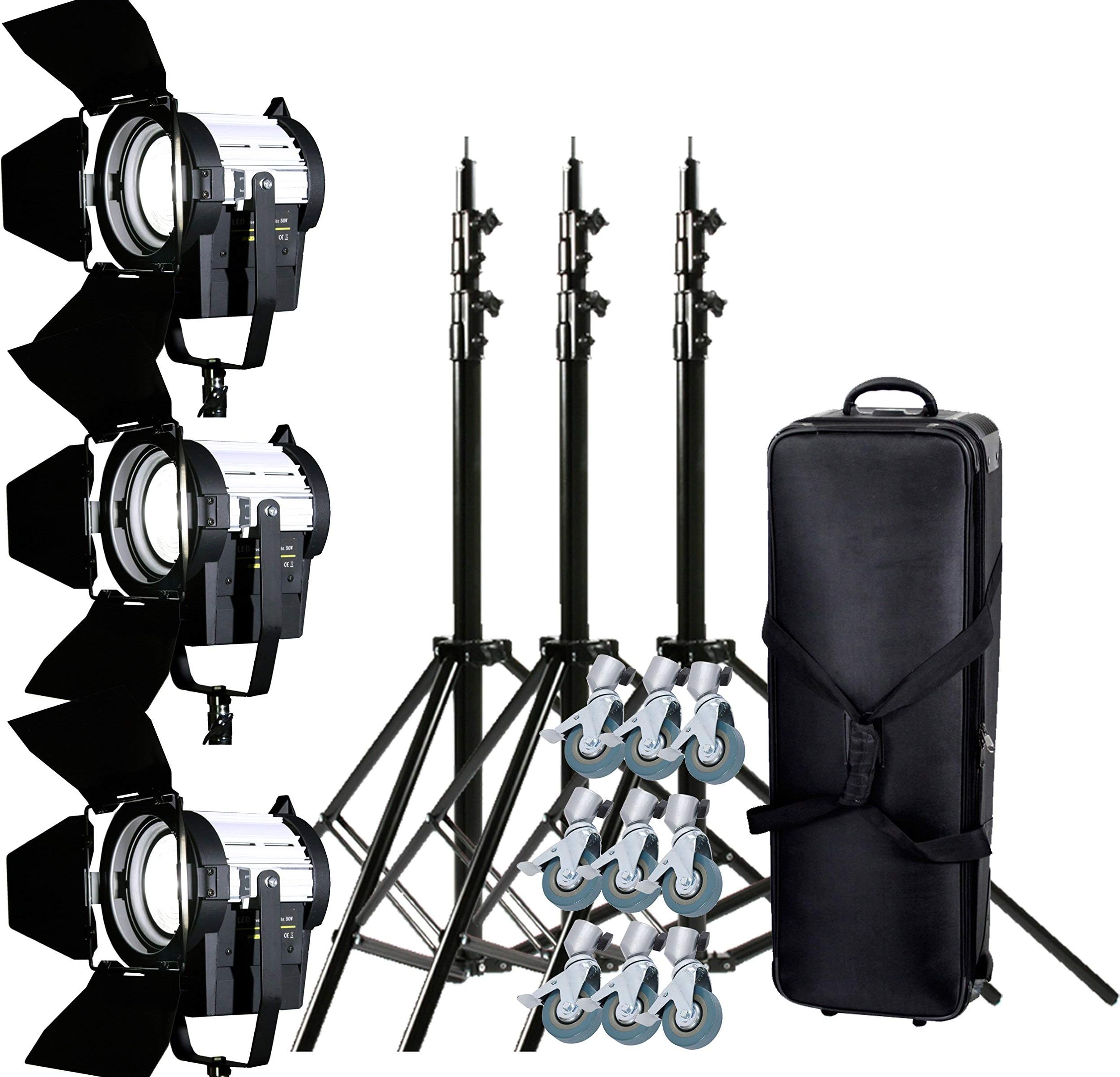 Film Spotlight, 50W LED Fresnel Lighting Kit with 290cm Light Stand 111cm Carry Bag and Caster Wheels, Fill Light for Filming Video Theater Concert Lighting, 3 Sets
