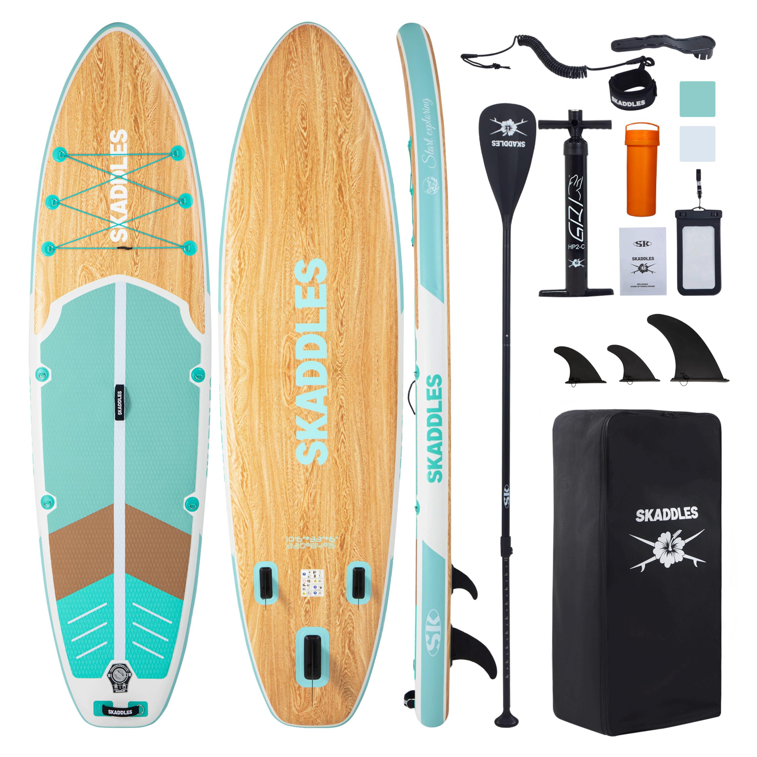 Photo 1 of ***IMAGE REFERENCE****SKADDLES 10’6’’ Inflatable Stand Up Paddle Board (SUP) for Adults and Youth with Non-Slip Deck – Complete Accessories Kit, Perfect for Fishing, Yoga, Fitness & Family Fun (Mint Green Wood Grain)