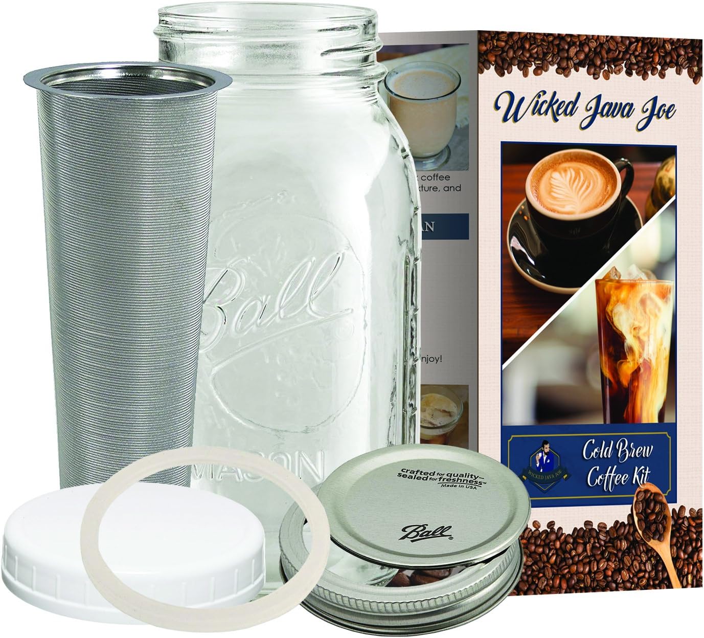Large Cold Brew Coffee Maker - 2 Quart / 64 ounce Classic Ball Mason Jar and Durable Stainless Steel Filter Makes Amazingly Rich Cold Brew Iced Coffee and Tea