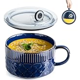 Gomakren Soup Bowl with Handle, 39oz Soup Mug with Lid Microwave Ramen Bowl | Microwave Bowl, Dishwasher Safe, Vented Leakproof Cover, Embossed Pattern | for Cereal Office Lunch Dorm Meal, Cobalt Blue